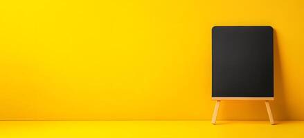 Blank Blackboard on Yellow Background with Wooden Easel photo