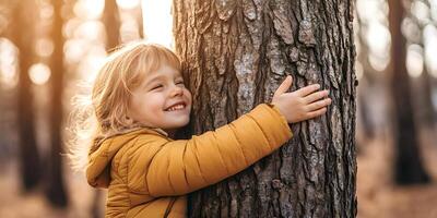 Smiling Child Hugging a Tree in a Peaceful Forest Scene photo