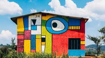 Vibrant Mural Adorns the Facade of a Colorful Urban Building photo