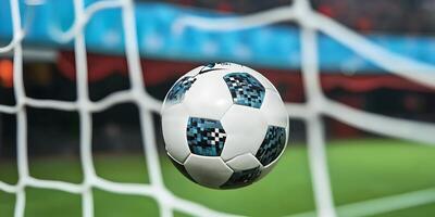 Close up of Soccer Ball Moments Before Hitting the Net During a Game photo