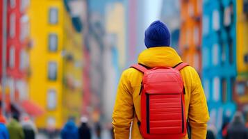 Commuter in Colorful City Alley with Backpack Walking in Motion photo