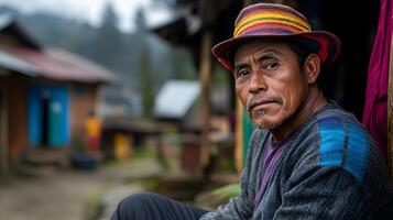 Weathered Face of Indigenous Peruvian Man in Traditional Clothing in Andean Mountain Village photo