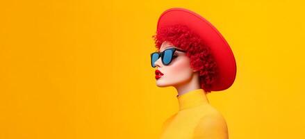 Confidently Stylish Woman in Vibrant Red Hat and Sunglasses photo