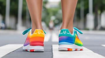 Colorful eye catching rainbow themed sneakers striding confidently across a pedestrian crosswalk in an urban setting symbolizing self expression diversity and inclusivity photo
