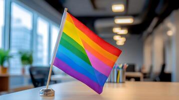 A vibrant rainbow pride flag displayed prominently on a desk in a modern inclusive office setting symbolizing the of LGBTQ advocacy within the workplace photo
