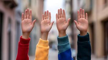 Diverse hands raised in solidarity and support during a public advocating for rights and photo
