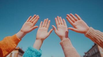 Multiple hands of different colors and textures raised together in a gesture of support against a clear bright blue sky photo