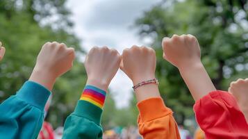 Diverse group of people raising their hands in a show of and support during an LGBTQ rights in a natural outdoor setting photo