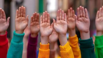 A group of diverse people raising their hands in a gesture of and solidarity during a public for social rights and photo