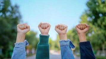 A group of diverse people with their fists raised in a show of and solidarity during a peaceful protest or for human rights and social justice photo
