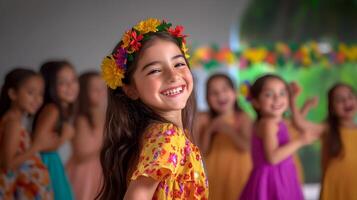 A vibrant and colorful Festa Junina at a school with a group of children dressed in traditional costumes performing and dancing on stage surrounded by a lively and enthusiastic audience photo