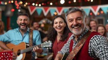 A lively and colorful Festa Junina featuring a talented folk band performing for an enthusiastic crowd in an outdoor setting creating a joyful and vibrant atmosphere photo