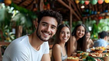 A group of friends gathered in a lively decorated setting to celebrate a traditional Brazilian Festa Junina party surrounded by festive elements and enjoying each other s company photo