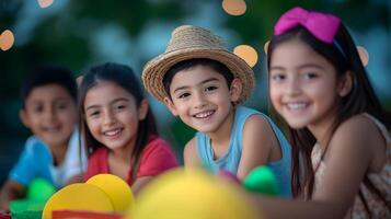 A group of happy and diverse children enjoying traditional festivities and games in a peaceful outdoor rural environment photo