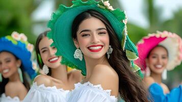 A vibrant and joyful performance of the traditional Quadrilha dance featuring a group of women in colorful ornate costumes and headdresses photo