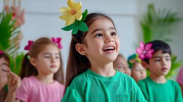 A group of cheerful children dressed in colorful costumes and flower headpieces perform and celebrate the traditional Festa Junina festival at their school exuding a sense of excitement and photo