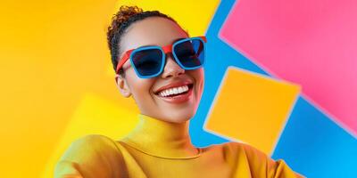 Vibrant and Stylish Woman Capturing a Joyful Moment photo