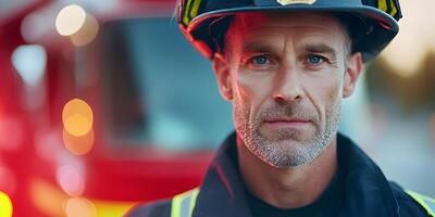 Courageous Firefighter in Full Uniform Facing Emergencies with Unwavering Commitment photo