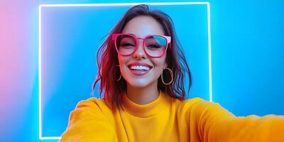 Cheerful Woman Smiling and Taking Selfie with Stylish Accessories in Colorful Neon Studio photo
