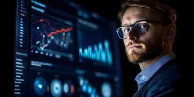 Business Professional Analyzing Social Media Metrics and Performance Data on Digital Dashboard photo