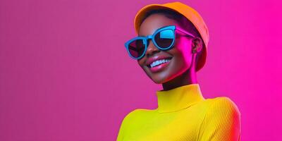 Smiling Fashionista in Vibrant Outfit for Social Media Presence photo