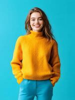 Smiling young woman in a yellow sweater posing for a portrait photo