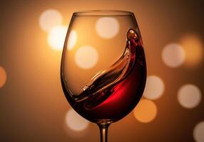 A glass of red wine with a dynamic splash, beautifully lit with a warm bokeh backdrop. photo