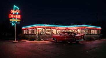 A vintage red car parked in front of a retro diner with glowing neon lights. photo