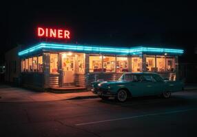 Vintage turquoise car sits outside a brightly lit retro diner at night, a nostalgic scene. photo