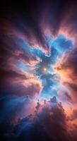 A mesmerizing view of vibrant celestial clouds enveloping a brilliant point of light. photo