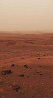 A captivating shot of the Martian surface displays a rugged terrain under a hazy atmosphere. photo