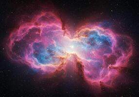 Stunning view of a radiant and colorful nebula with stars in the dark sky. photo