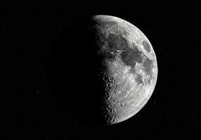 The moon in its half-illuminated phase, showing craters and details against the dark backdrop. photo
