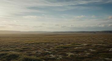 The expansive landscape displays a wide open plain under a beautiful sky filled with clouds. photo