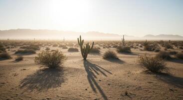 A beautiful desert scene with cacti and shrubs under the soft light of the sun photo