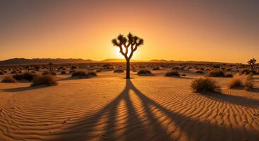 A lone Joshua tree casts a long shadow as the sun sets over a vast desert expanse. photo