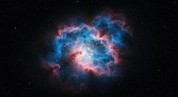 A stunning nebula displays vibrant hues of blue and red, set against a field of stars. photo