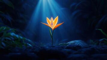 Illuminated Bird of Paradise Flower in Dark Tropical Night Setting A Single Exotic Bloom Glows Under Moonlight photo