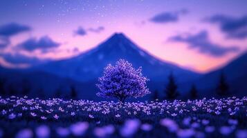 Serene Twilight Landscape Single Blooming Tree in Purple Flower Field with Mountain Sunset photo