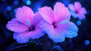 Two vibrant purple and blue hibiscus flowers glow magically at night with bokeh lights in the background photo