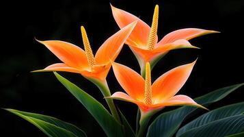 Vibrant Orange Flowers Blooming in Dark Background Three Exquisite Tropical Plants photo