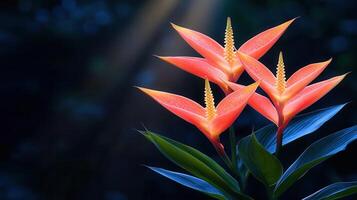 Vibrant Orange Heliconia Flowers Blooming in Dark Background Nature's Beauty Captured photo