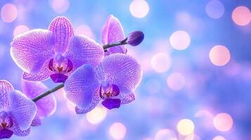 Beautiful Purple Phalaenopsis Orchids Blooming in Soft Light Bokeh Background photo