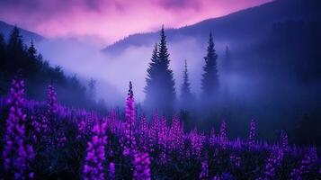 Purple Flowers Blooming in Misty Mountain Landscape at Dusk Serene Nature Scene with Coniferous Trees photo