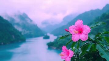 Stunning Pink Hibiscus Flowers Blossom Against Serene Mountain Lake Landscape photo