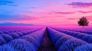 Serene Lavender Field at Sunset A Single Tree Stands in a Vibrant Purple Landscape photo