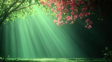 Mystical Forest Scene Sunbeams Illuminate Lush Greenery Pink Flowers photo