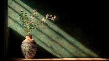 Elegant Pink Flowers in a Decorative Vase Illuminated by Sunlight Against a Dark Green Wall photo