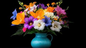 Vibrant Colorful Flower Bouquet in Teal Pitcher Vase against Black Background Beautiful Spring Floral Arrangement photo