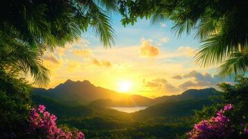 Breathtaking Tropical Sunset over Lush Mountains and Ocean Palm Fronds Frame Idyllic Scene photo